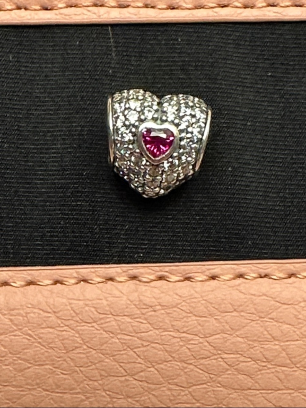 Pandora Silver Heart Charm with Red Center Stone